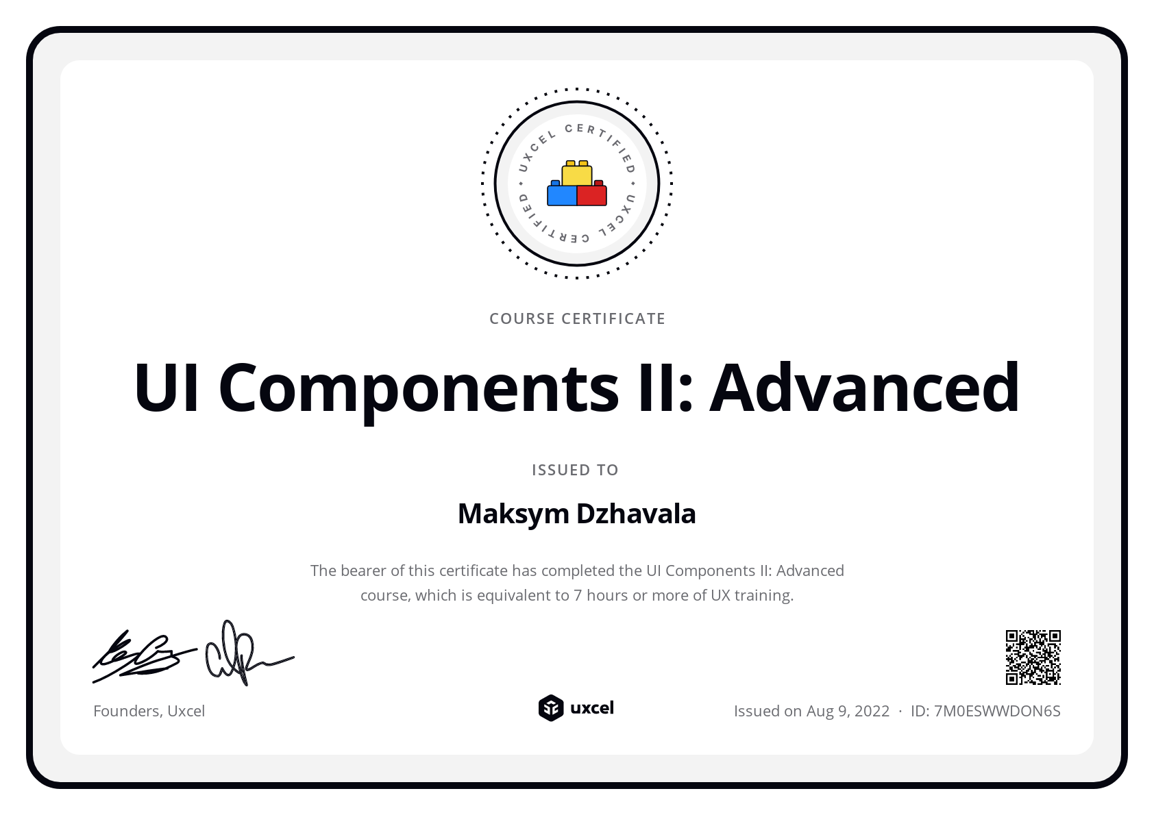 Maksym Dzhavala's certificate